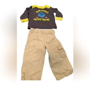 Okie Dokie Outfit, Long Sleeved Shirt, Tan/Khaki Cargo Pants Size 18 Months